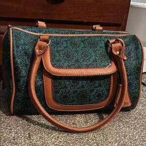 Ruby Rd. Teal & Green Patterned Satchel with Brown Trim